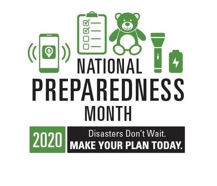 Logo-at the top a green cell phone, check list, bear flashlight, & battery, In black National Preparedness Month