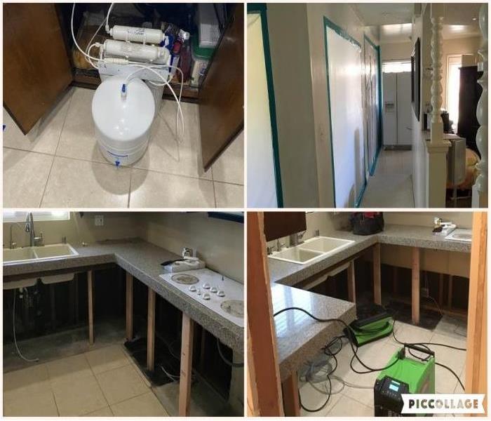 4 pictures of water filtration system pulled out from under sink, plastic covering all doorways, Green machinery in a kitchen