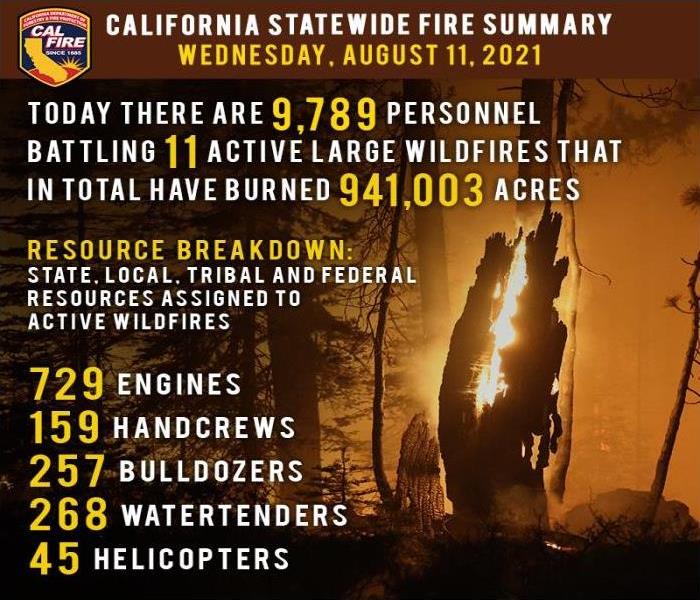 wildfire in the background with text outlining current statistics