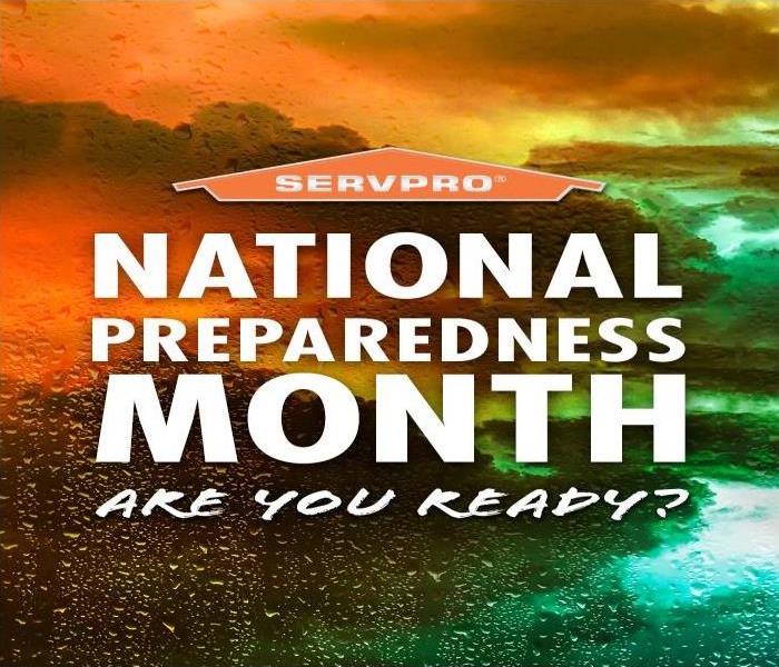 Orange and Greenish clouds and sky with drops of rain, with the words "National Preparedness Month