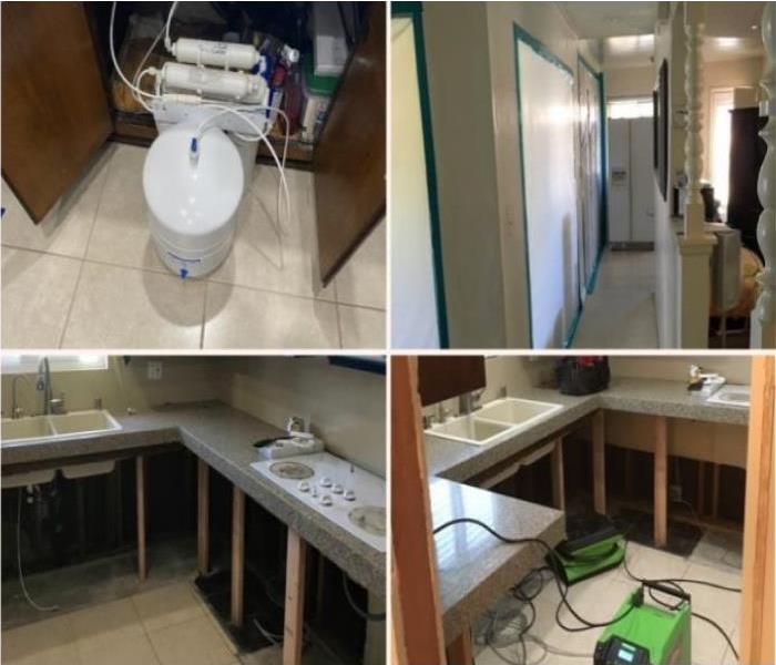 kitchen sink filter, green air mover, containment with plastic hanging from ceiling,
