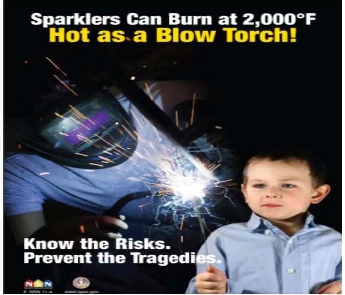 a child holds a sparkler in his hand with with the other end lit with sparkles, behind a welder holding a blow torch.