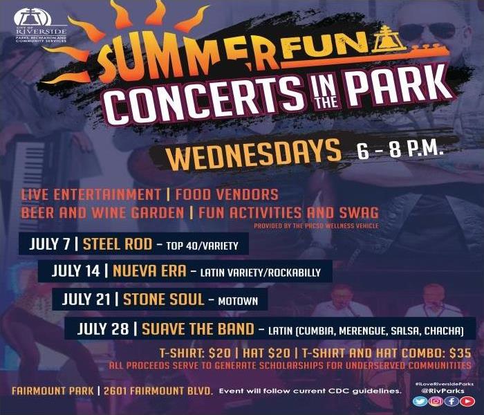 flyer containing the information for summer concerts in Riverside