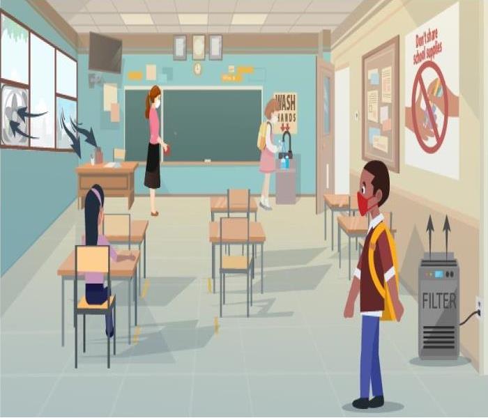 illustration of classroom ventilation with air filter, fan, windows