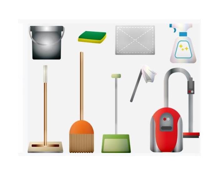white background with broom, mop, bucket, sponge 