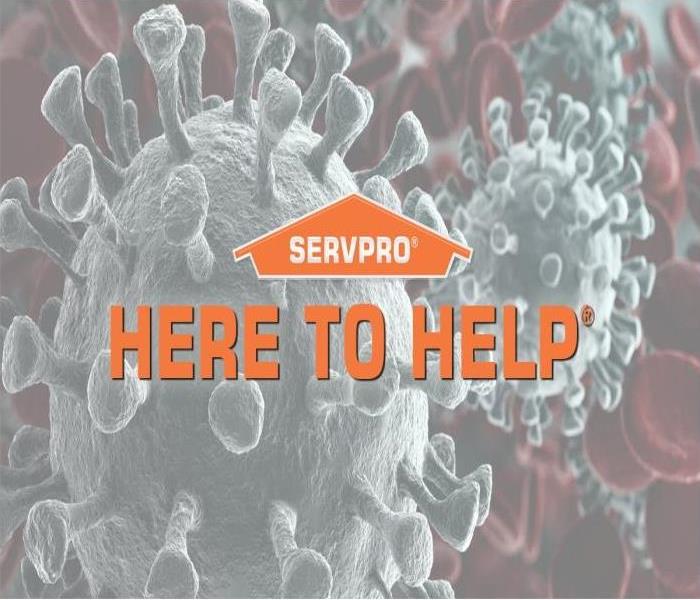 gray virus cells floating with red back ground with letters "SERVPRO Here to Help?" in orange.