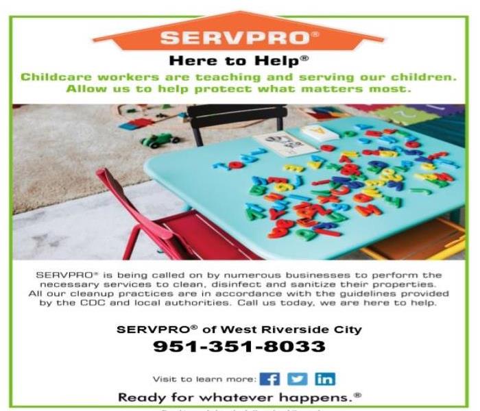 Flyer "SERVPRO Here to Help" with a blue kids table with colored letters laying on the table with red, black and yellow chair